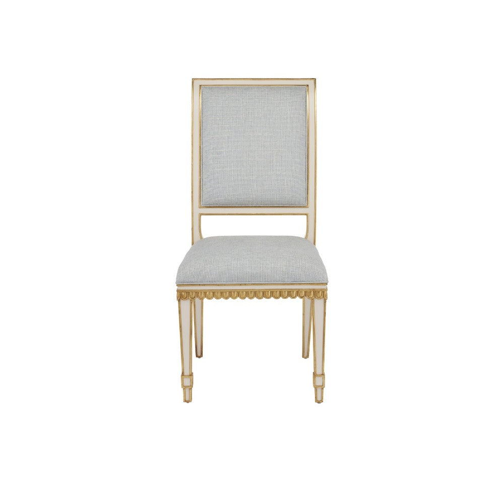 armless dining chair ivory wood frame antique gold trim gray back seat cushions