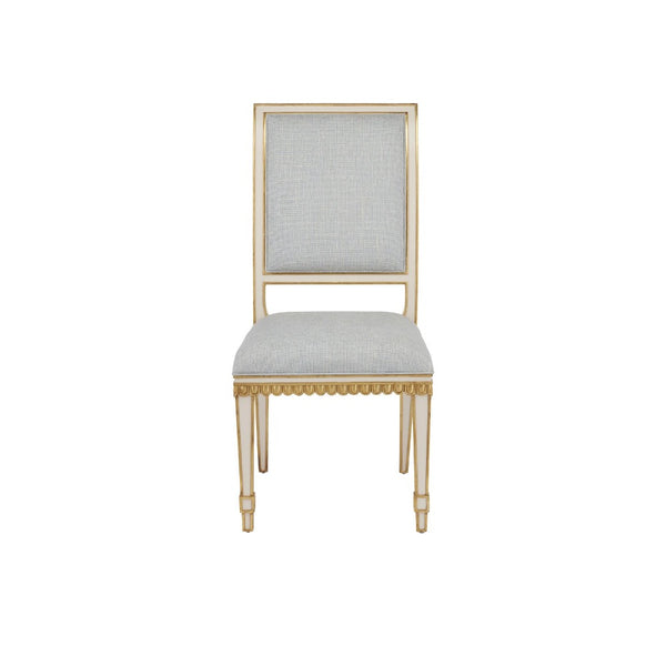 armless dining chair ivory wood frame antique gold trim gray back seat cushions