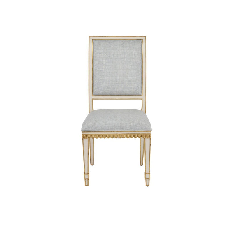 armless dining chair ivory wood frame antique gold trim gray back seat cushions