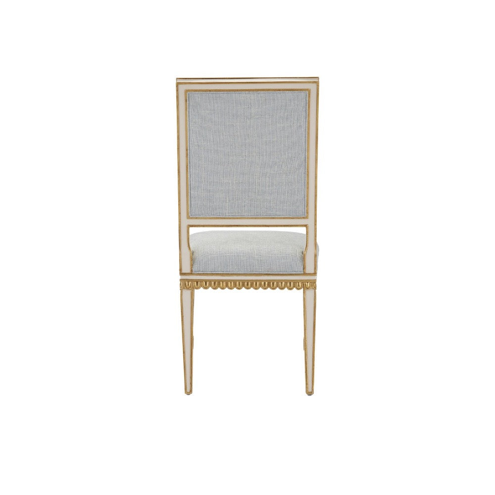 armless dining chair ivory wood frame antique gold trim gray back seat cushions