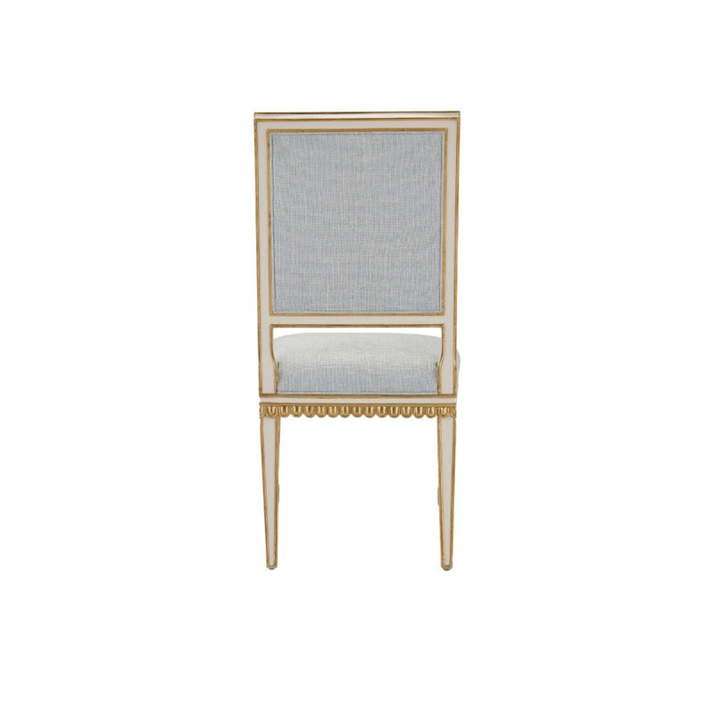 armless dining chair ivory wood frame antique gold trim gray back seat cushions