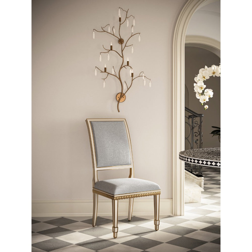 armless dining chair ivory wood frame antique gold trim gray back seat cushions