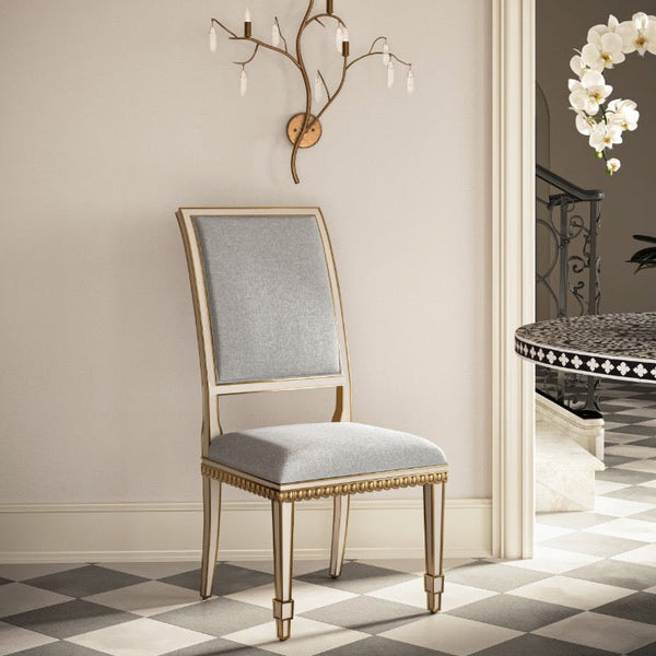 armless dining chair ivory wood frame antique gold trim gray back seat cushions