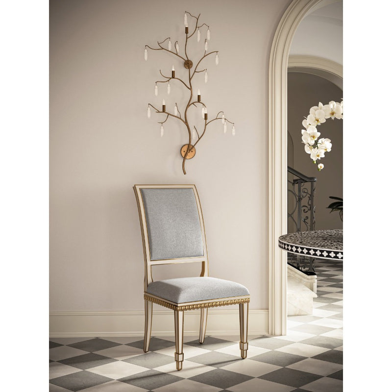 armless dining chair ivory wood frame antique gold trim gray back seat cushions