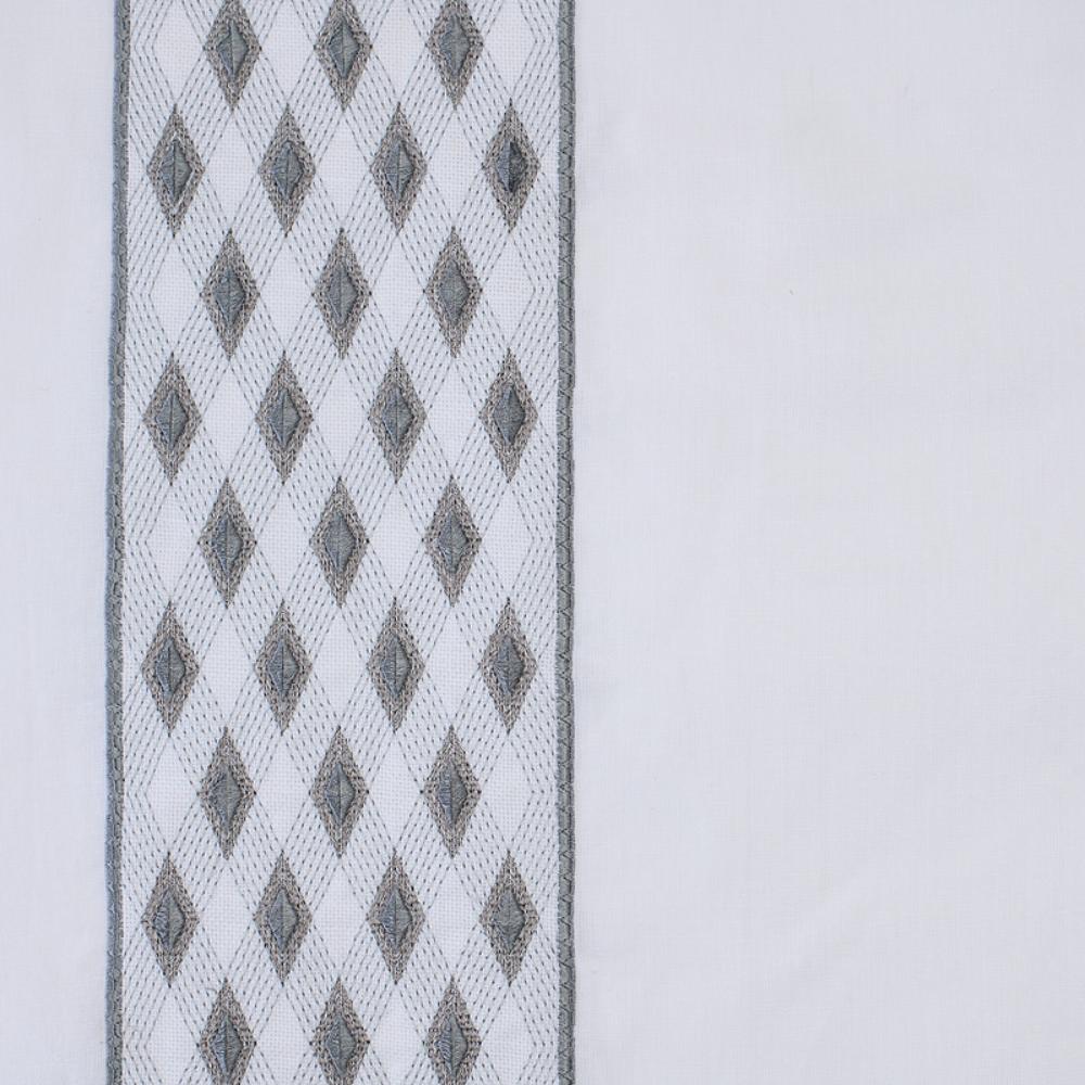 white linen blend curtain panels silver gold diamond embroidered trim