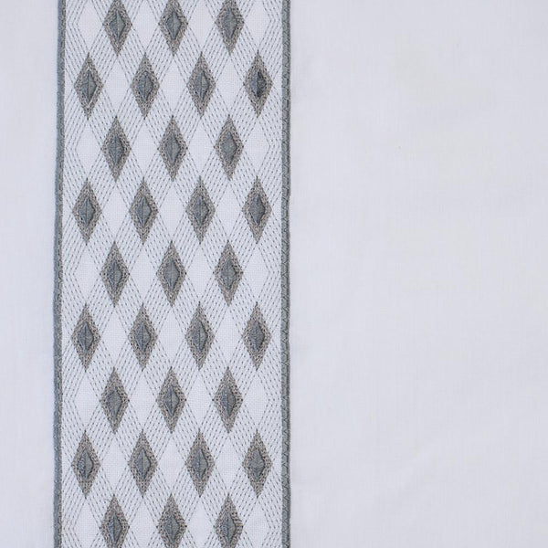 white linen blend curtain panels silver gold diamond embroidered trim