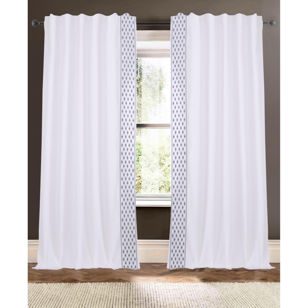 white linen blend curtain panels silver gold diamond embroidered trim