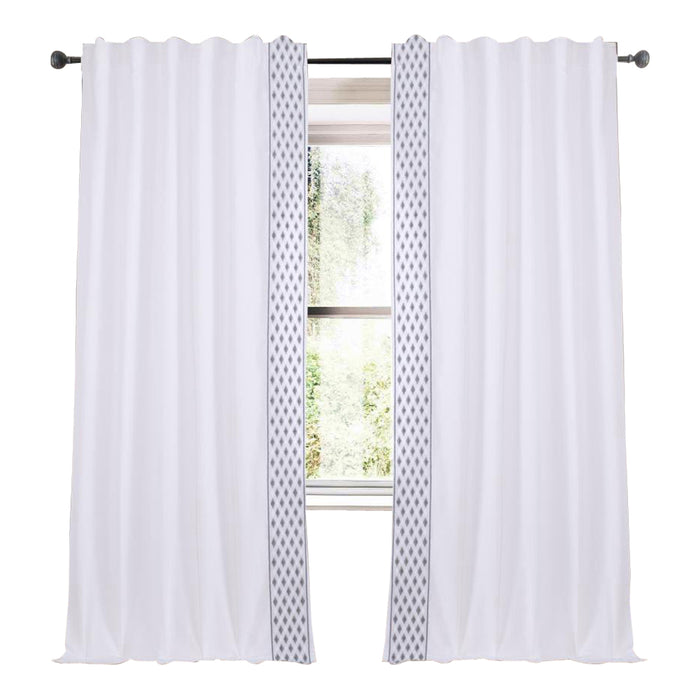 white linen blend curtain panels silver gold diamond embroidered trim
