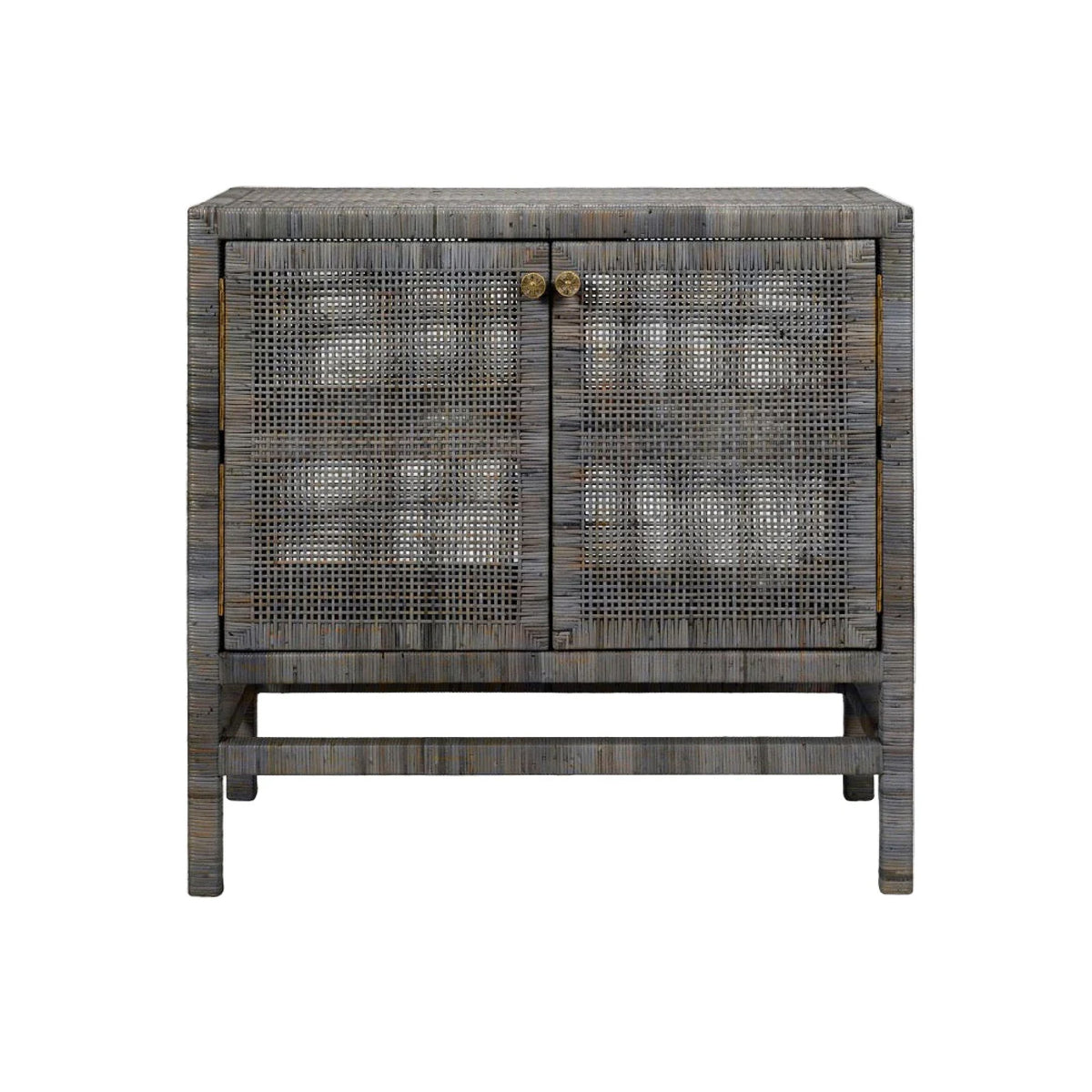 Isla Smoke Peeled Rattan Buffet by Made Goods features gray woven rattan, mesh doors, and brass knobs for stylish storage.