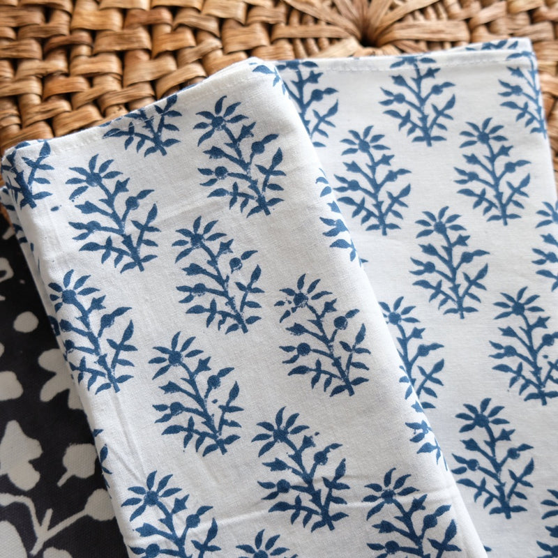 block printed napkin set navy floral patterned