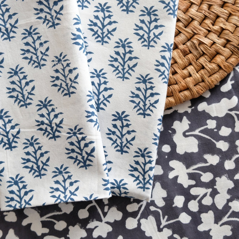 block printed napkin set navy floral patterned