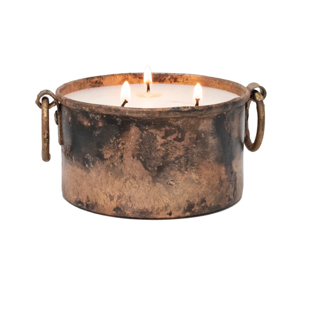 round wax candle melted brass rolled edge jar ring handles