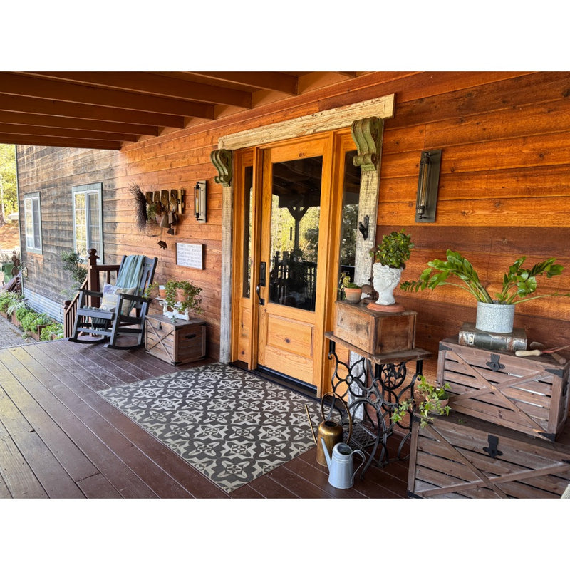 vinyl floor cloth patterned black cream front porch