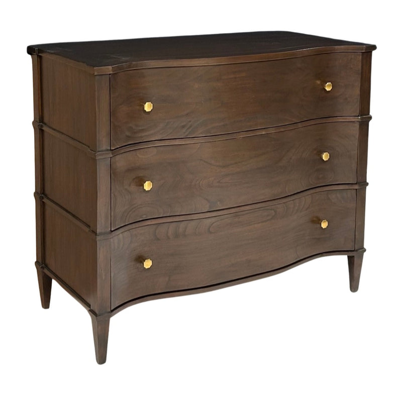 3-drawer chest dark brown waved front tapered legs