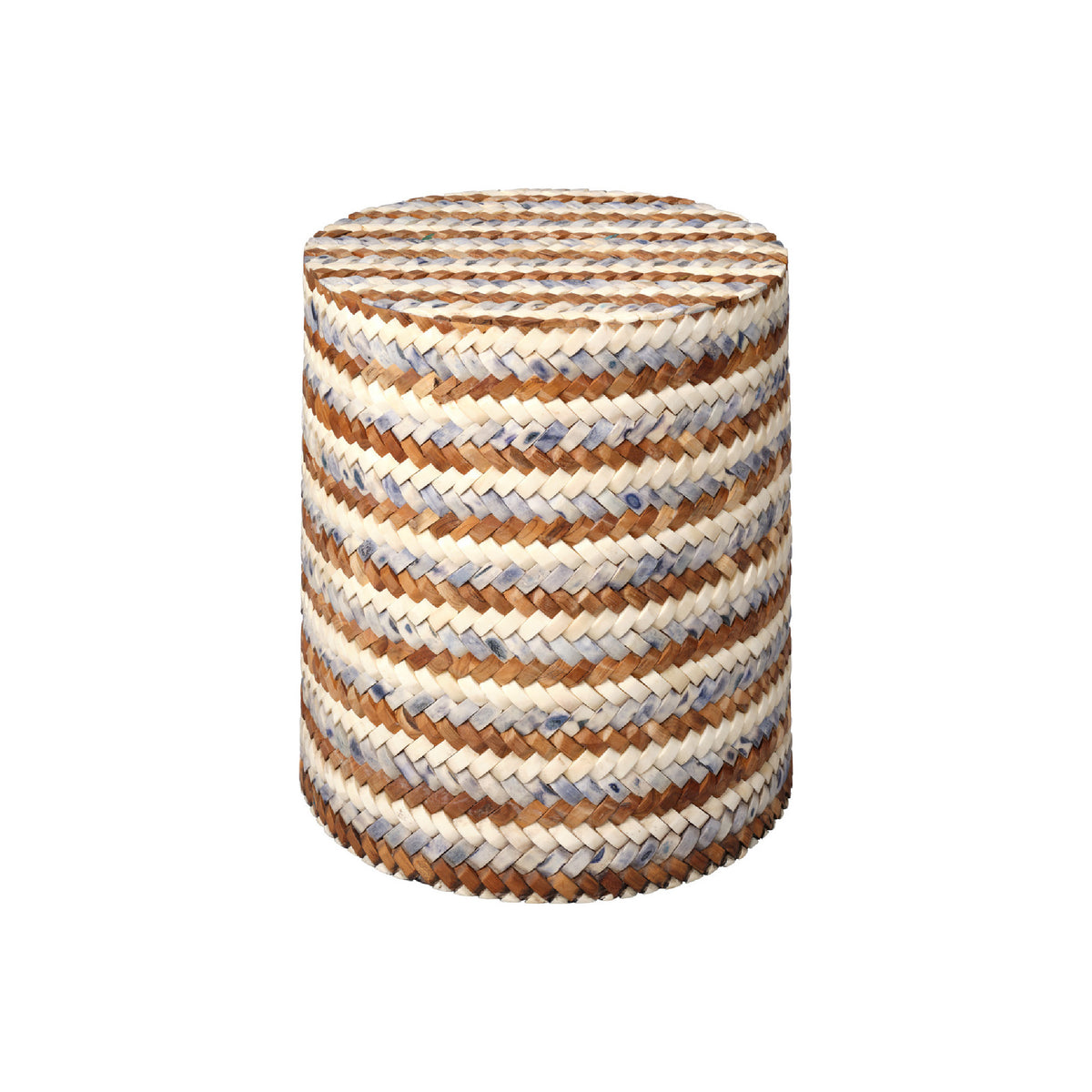Woven cylindrical stool with brown and beige stripes on a white background