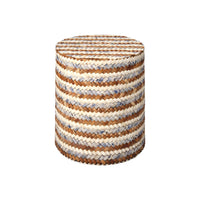 Woven cylindrical stool with brown and beige stripes on a white background