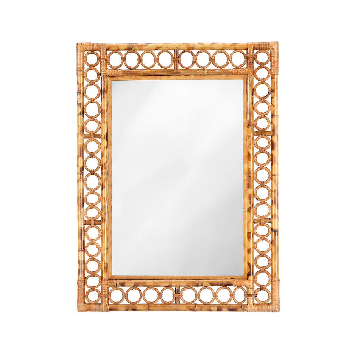 Rectangular mirror with a decorative rattan frame on a white background