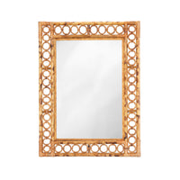 Rectangular mirror with a decorative rattan frame on a white background
