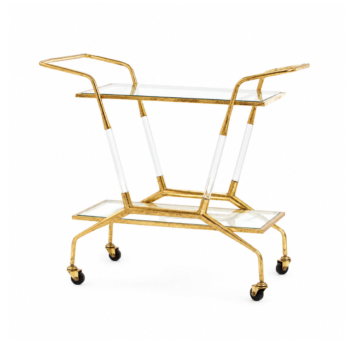 The Jepson Clear + Gold Leaf Bar Cart by Villa & House features acrylic accents, two shelves, and four wheels.