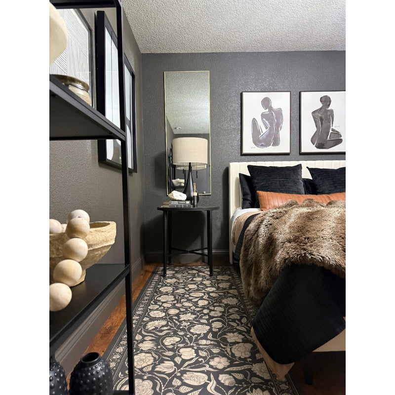 floral black cream lay flat mat lifestyle bedroom