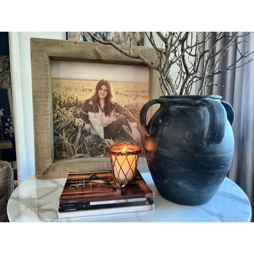 timberwood photo frame styled on table