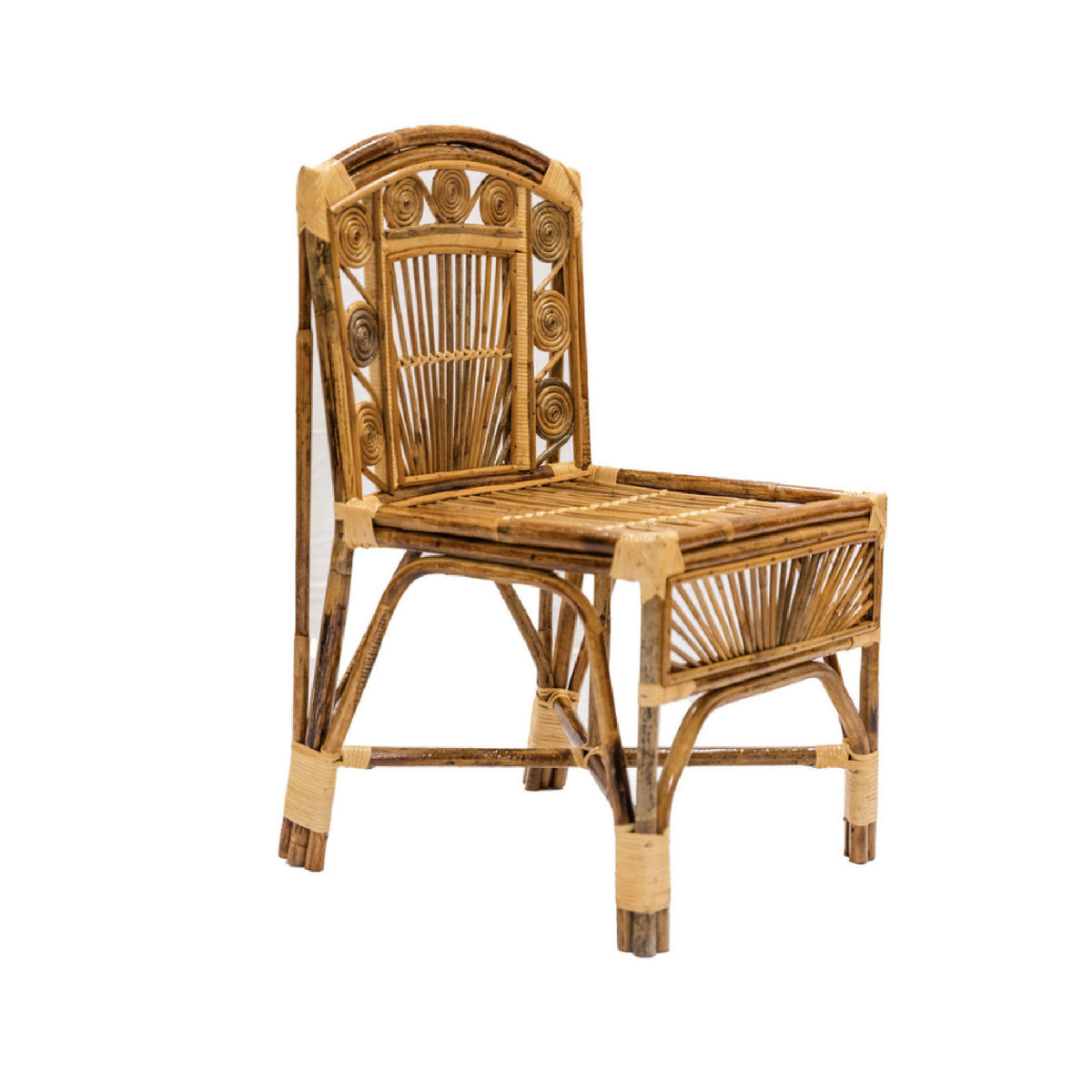 Wicker chair with intricate patterns on a white background