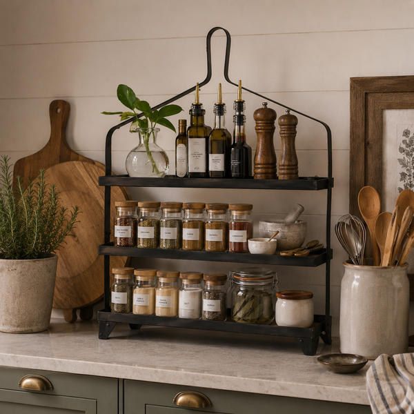 Sugarboo & Co. Three Tiered Metal Display—ideal countertop organizer for spices, oils, jars, and utensils.