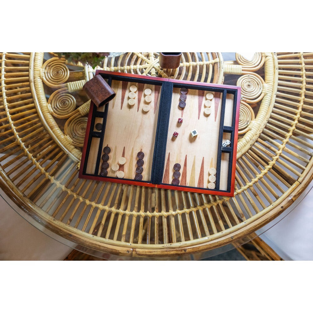 Backgammon set on a wicker table