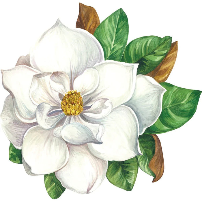 White magnolia with green and brown leaves on Hester & Cook Magnolia Die Cut Paper Placemat, on a white background.