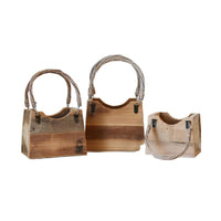 set of three natural wood bag planters rope handle