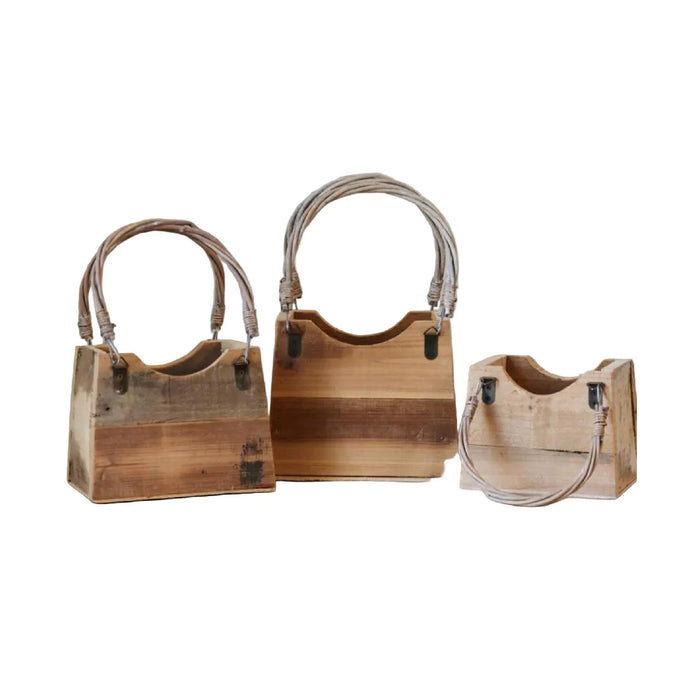 set of three natural wood bag planters rope handle