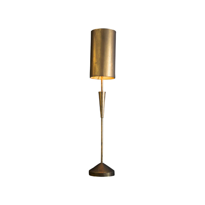 Gold floor lamp with a cylindrical shade on a white background