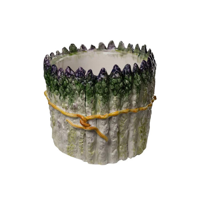 Decorative pot with an asparagus design white green purple