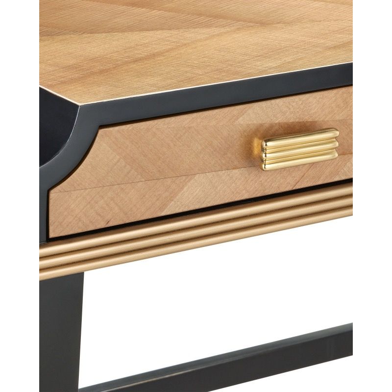 desk tan veneer pieced brass handles black trim