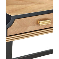 desk tan veneer pieced brass handles black trim