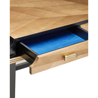 desk tan veneer pieced brass handles black trim
