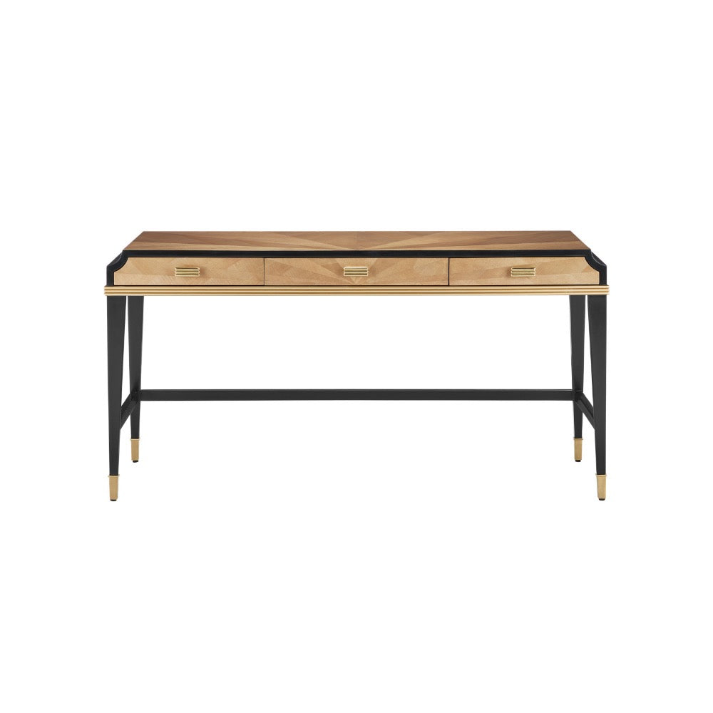 desk tan veneer pieced brass handles black trim