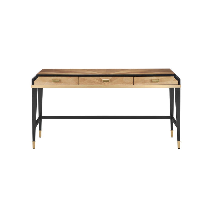 desk tan veneer pieced brass handles black trim