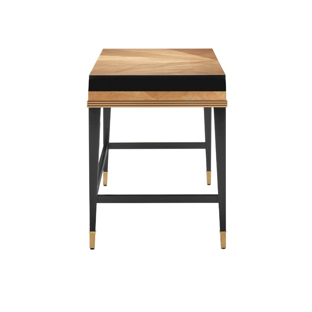 desk tan veneer pieced brass handles black trim