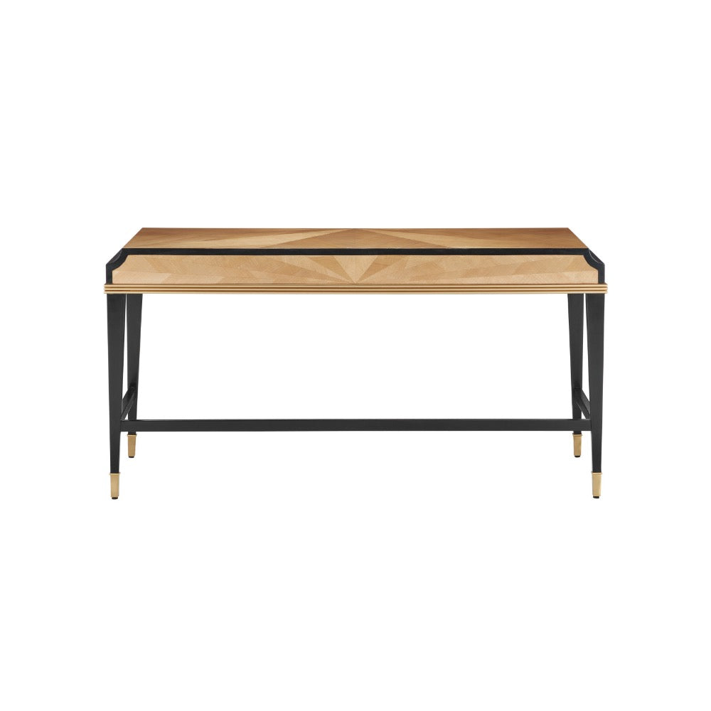 Currey & Company Kallista Sycamore Large Desk: light wood, 3 drawers, black legs, brass hardware, front view on white.