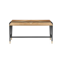 Currey & Company Kallista Sycamore Large Desk: light wood, 3 drawers, black legs, brass hardware, front view on white.