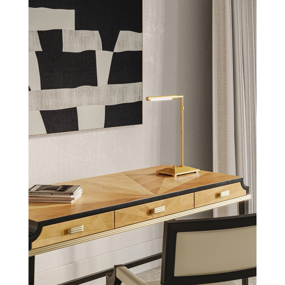 desk tan veneer pieced brass handles black trim