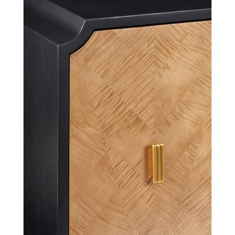 cabinet 3-door tan pieced veneer black frame brass handles