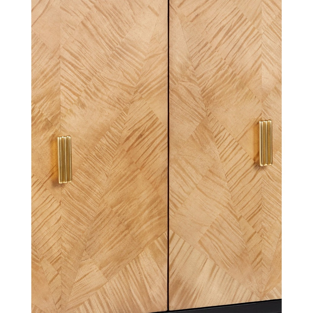 cabinet 3-door tan pieced veneer black frame brass handles