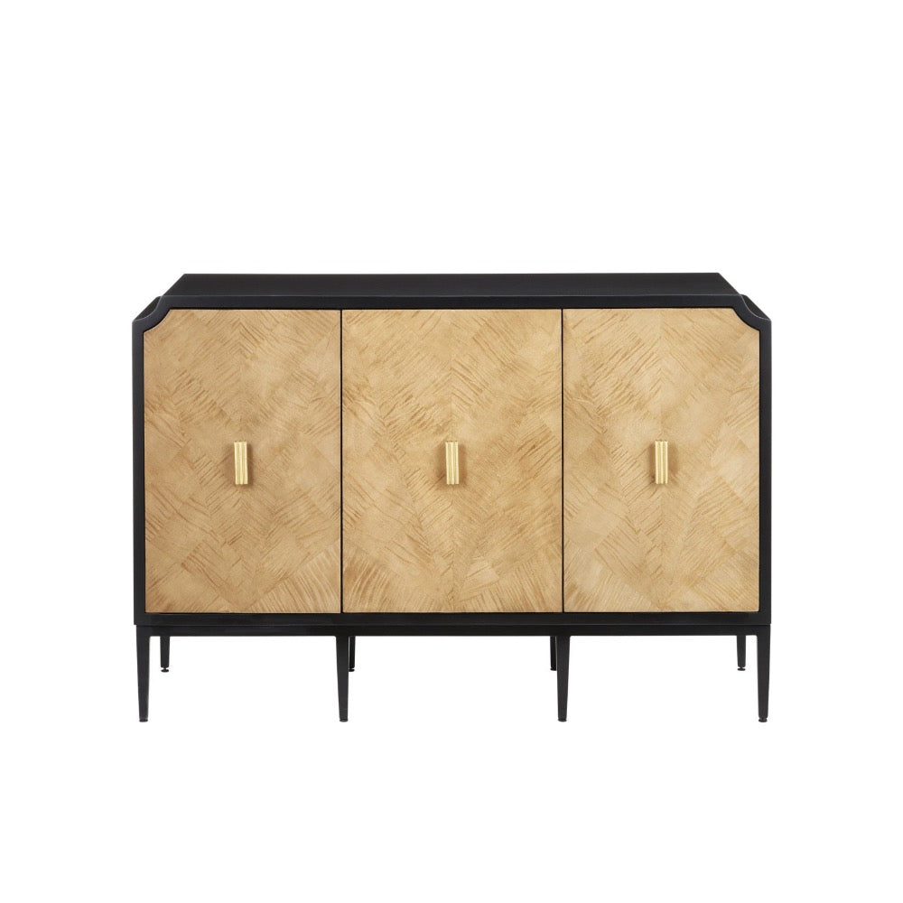 cabinet 3-door tan pieced veneer black frame brass handles