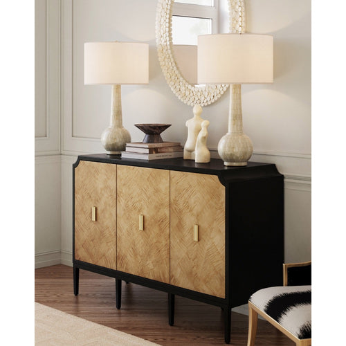 cabinet 3-door tan pieced veneer black frame brass handles
