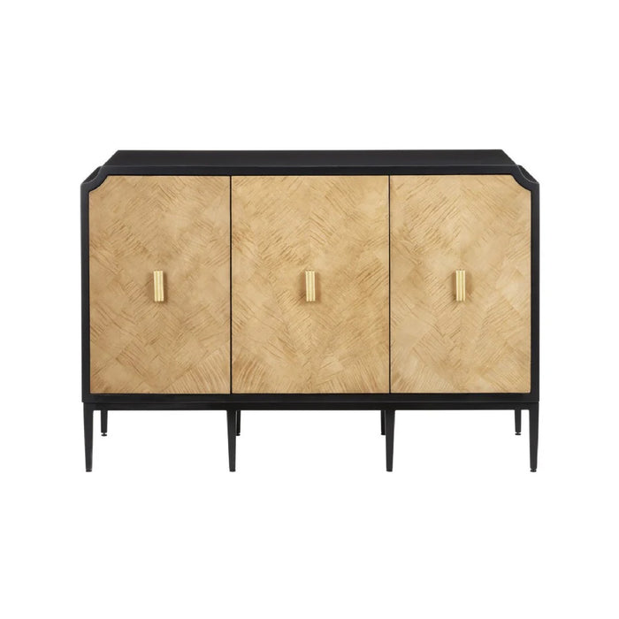 The Kallista Sycamore Taupe Cabinet by Currey & Company has 3 doors, gold handles, a shelf, and tapered black legs.