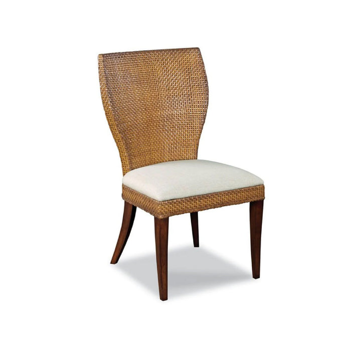 Kate Woven Leather Chair by Woodbridge Furniture features a curved back, wood legs, and a white cushioned seat.