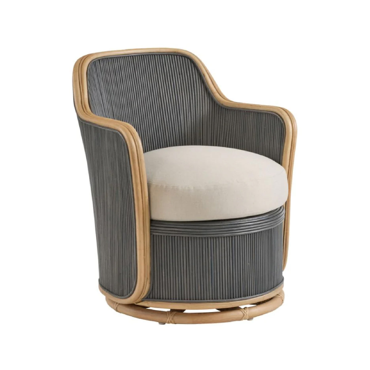 Wicker chair with a beige cushion on a white background