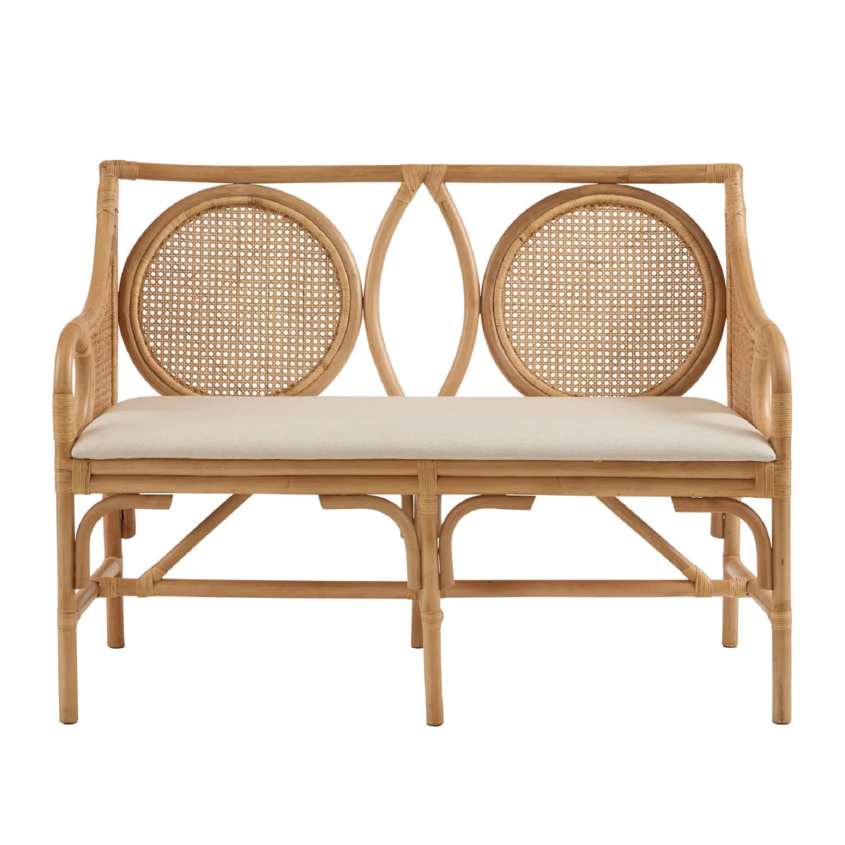 Wicker loveseat with beige cushions on a white background